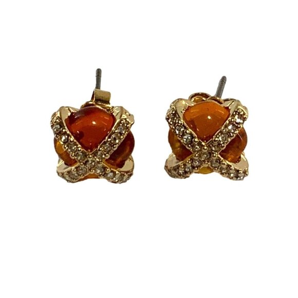 Amber Rhinestone X Stud Earrings With Gold Plated Setting For Women - Picture 3 of 7